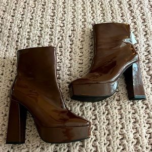 Chocolate Brown Platform Patent Leather Booties